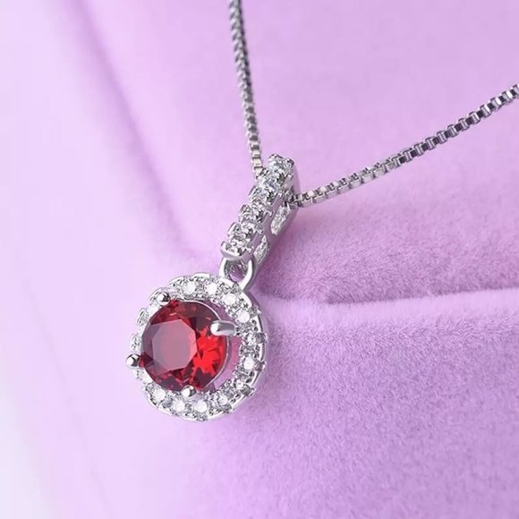 Jewelry - 14k Gold 1ct. Ruby Diamond Halo Necklace Italy Sterling Silver